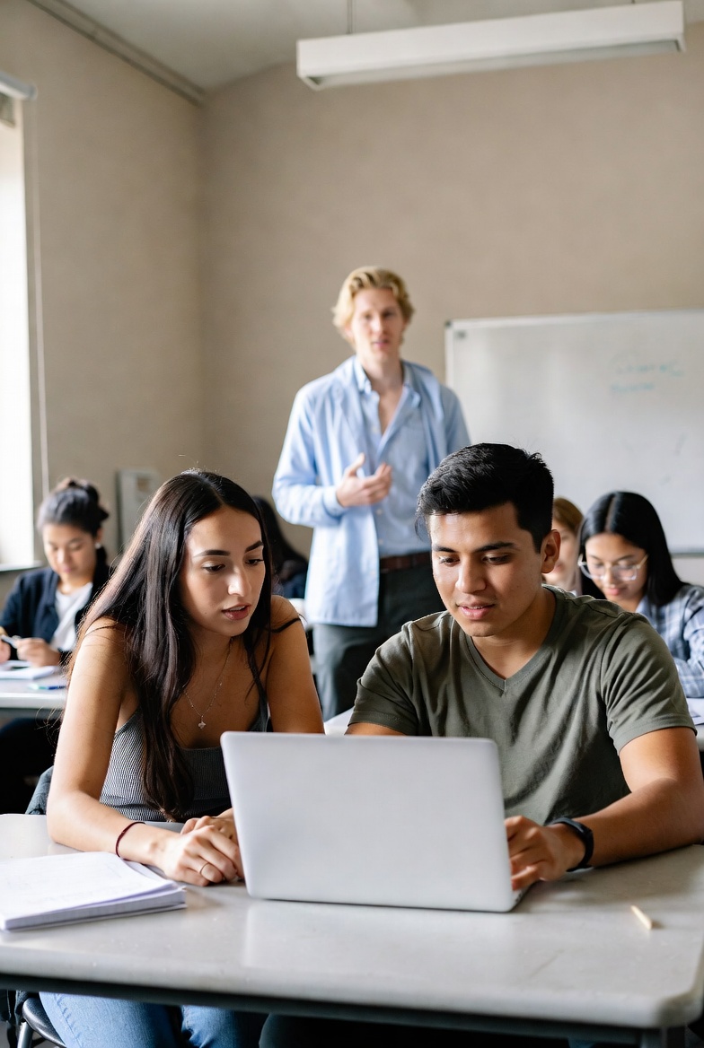 Students using laptops in an English course workspace